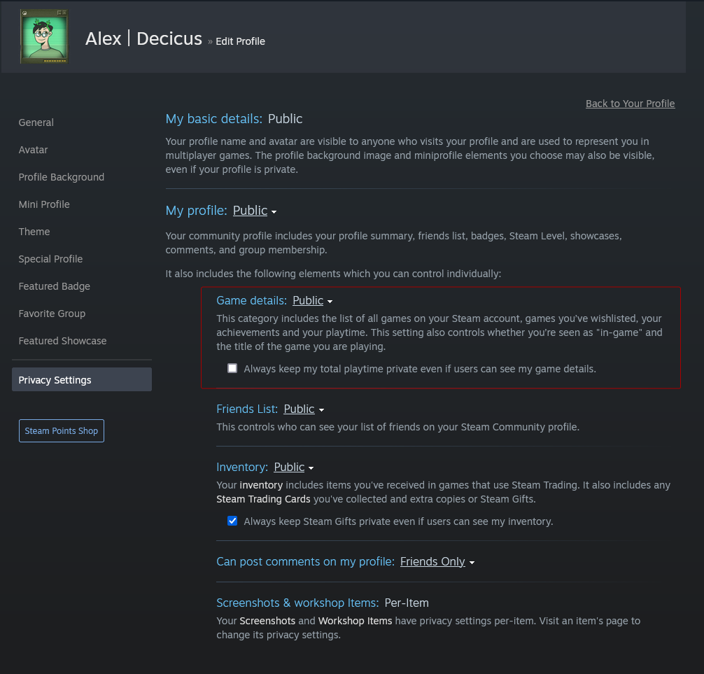 Screenshot of Steam privacy settings, highlighting Game Details