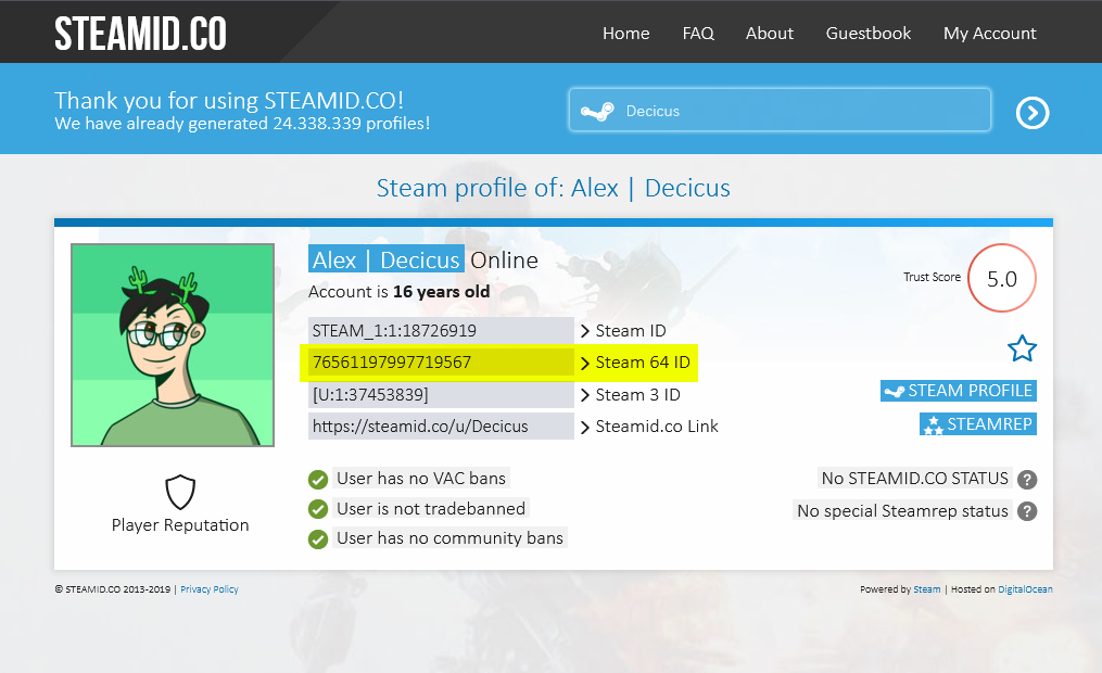 Screenshot of SteamID.co, showing my Steam profile with Steam 64 ID highlighted